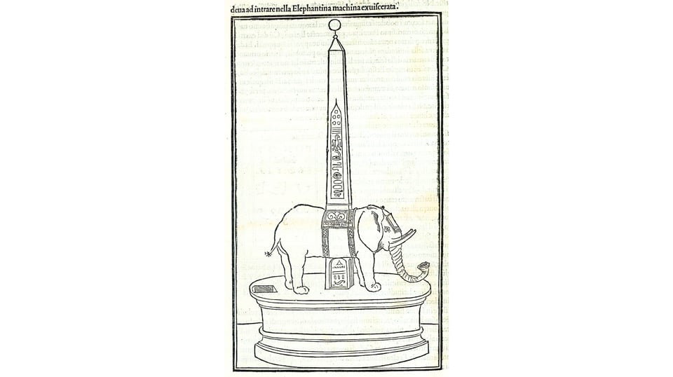 Xilografía de un elefante sosteniendo un obelisco en la Hypnerotomachia Poliphili de 1499