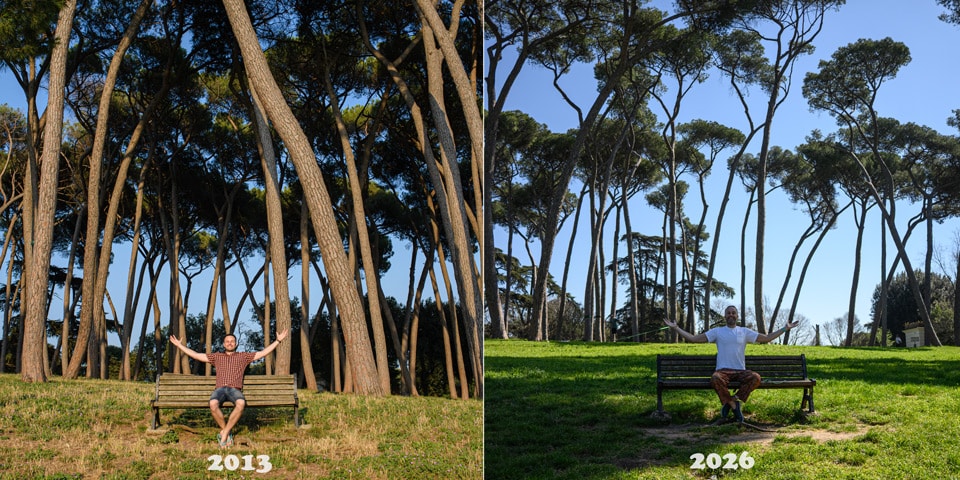 Artur Jakucewicz en el mismo banco bajo los pinos de Villa Doria Pamphilj en 2013 y 2026