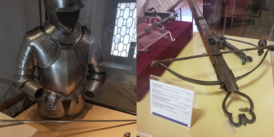 Armaduras de placas y ballestas medievales en la armería del castillo de Sant’Angelo, Roma