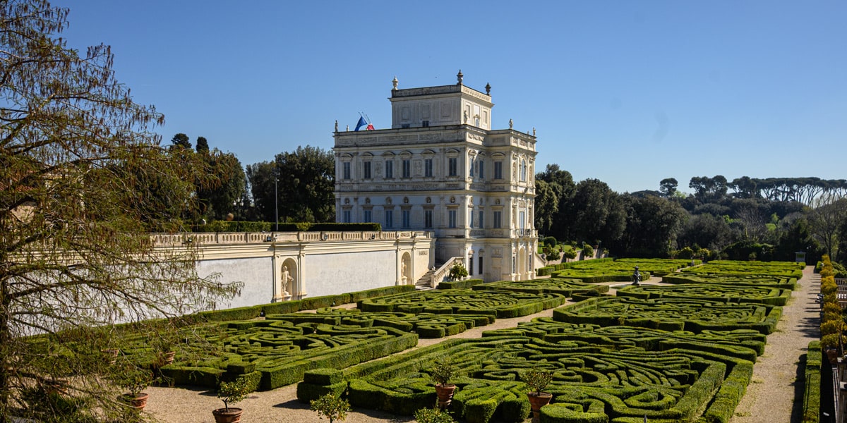 Casino del Bel Respiro above the geometric hedges of the Secret Garden in Villa Doria Pamphilj